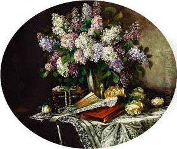 Life With Lilacs, Roses, Jewellery And A Book On A Table Oil Painting by H.O., Prof. Schiele