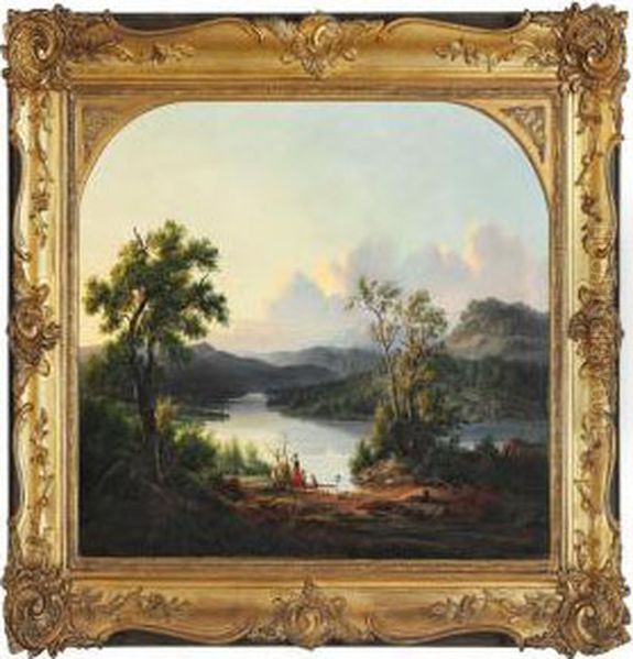 River Landscape With Mother, Child And Dog Oil Painting by F. Schierk