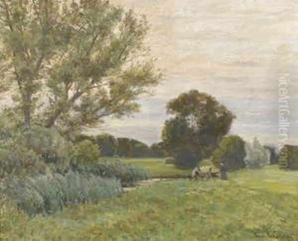 Wiesenpartie Mit Baumen Und Einer Bauerin. Oil Painting by Ernst Traugott Schiess