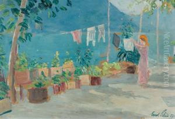 Sonnige Terrasse Am Seeufer. Oil Painting by Ernst Traugott Schiess