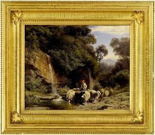 Hirtin Mit Schafherde Bei Wasserfall An Der Tranke Oil Painting by Traugott Schiess