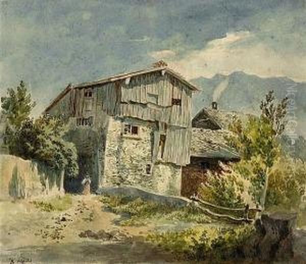 Hausergruppe Vor Bergkette Im Rheintal Oil Painting by Traugott Schiess