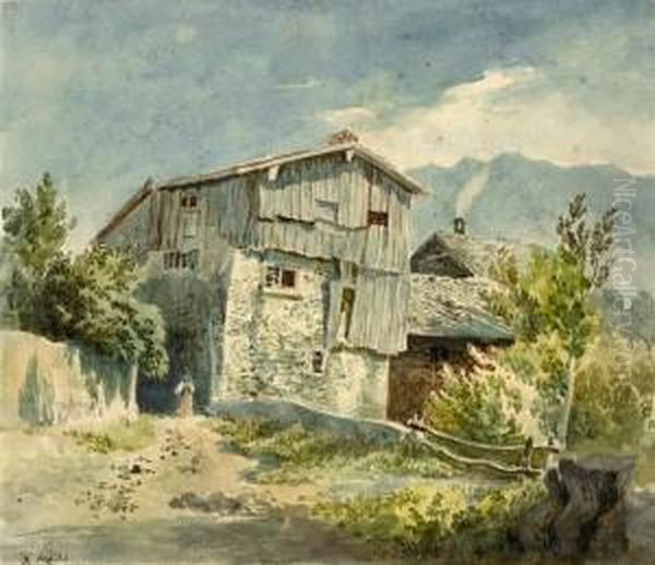 Hausergruppe Vor Bergkette Im Rheintal Oil Painting by Traugott Schiess