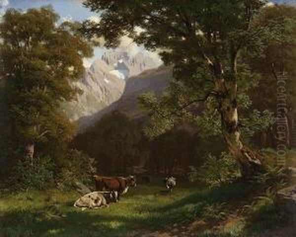 Kuhe Auf Einer
 Waldlichtung. Oil Painting by Traugott Schiess