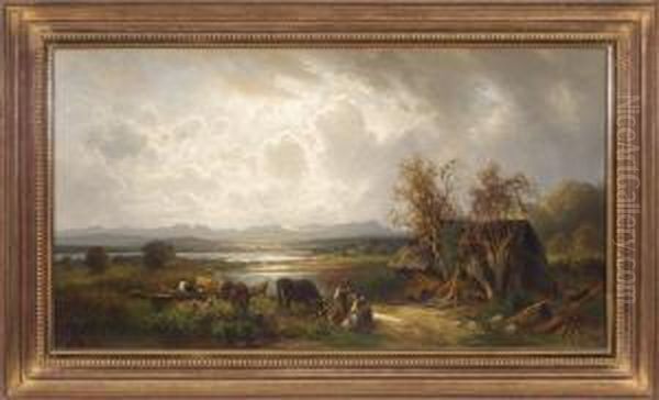 Gewitterstimmung Am Starnberger See Mit Dem Wettersteingebirge Im Hintergrund, Vorn Zwei Bauerinnen Mit Vier Kuhen An Einem Kahn Neben Einer Zerfallenen Hutte Oil Painting by Robert August Rudolf Schietzold