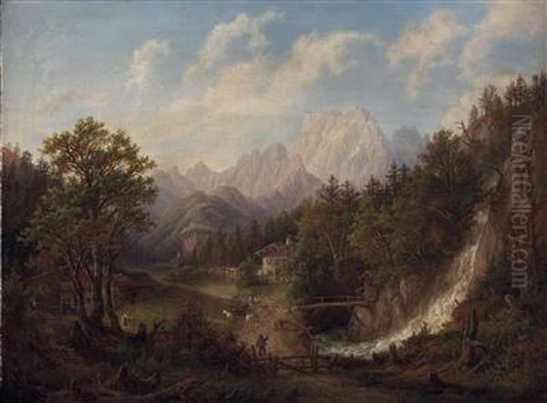 Alpenlandschaft Mit Bauerngehoft Und Figuraler Staffage Oil Painting by Anton Schiffer