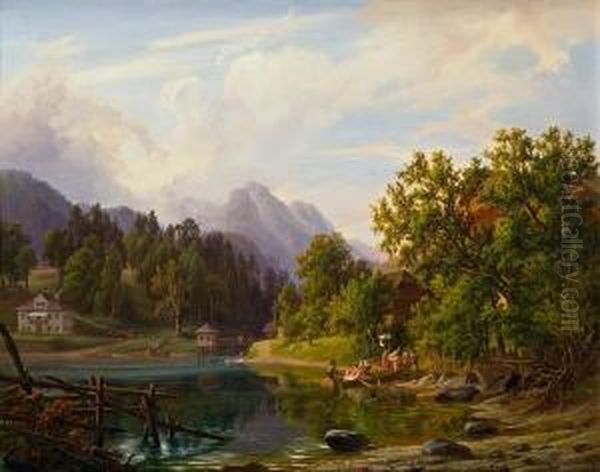 Grundlsee Bei Aussee In Obersteyr Oil Painting by Anton Schiffer