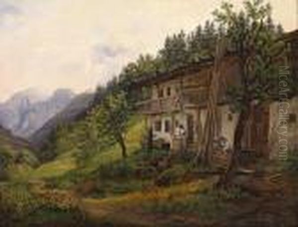 Farming In The Alps Oil Painting by Anton Schiffer