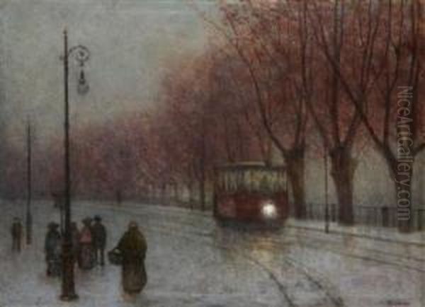 An Embankment With A Tram Oil Painting by Jakub Schikaneder