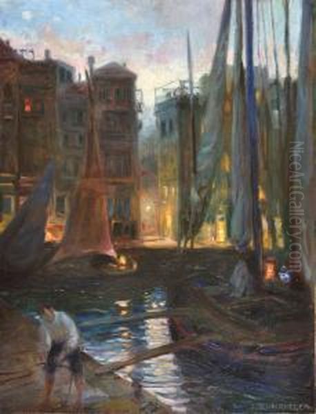 Barcas Pesqueras Junto Al Muelle Oil Painting by Jakub Schikaneder