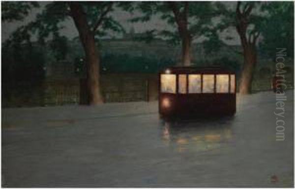 Tramway In Prague Oil Painting by Jakub Schikaneder