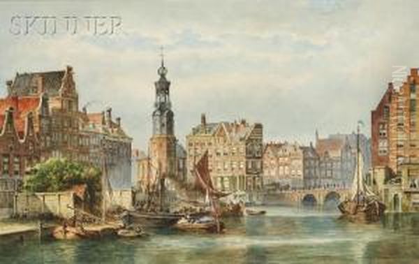 The Binnen-amstel With The Munt Tower And The Engelse Huizen Oil Painting by Franz Schikkinger