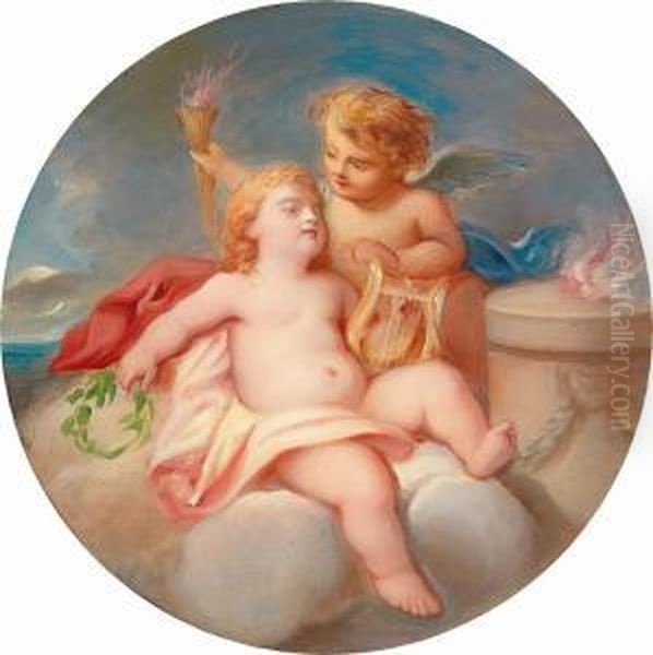 Putti In The Clouds Oil Painting by Friedrich Schilcher