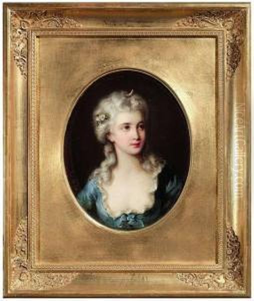 Portrait Ofan Elegant Lady Wearing A Blue Gown, In Her Hair The Symbol Of Theroman Goddess Luna Oil Painting by Friedrich Schilcher