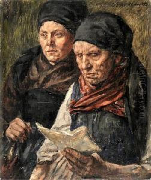 Zwei Dachauer Bauerinnen Beim Lesen Eines Briefes Oil Painting by Georg Schildknecht