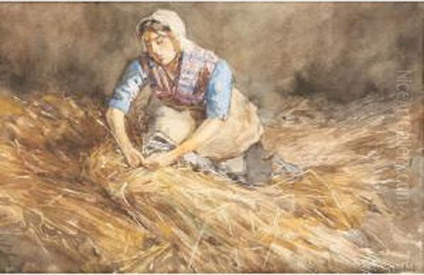 A Woman Kneeling And Carrying A Bunch Of Straw Oil Painting by Martinus Schildt