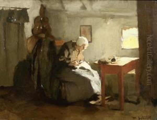 Interieur. Gesigneerd. Vesro Titel 'aan Het Verstellen' Oil Painting by Martinus Schildt