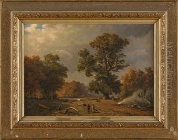 Waldlandschaft Mit Lagernden Viehhirten Und Herde. Oil Painting by Heinrich Schilking