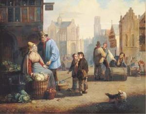 A Vegetable Seller At A Market In A City Centre, Children Playing Nearby Oil Painting by Gerrit Schimmelpenninck