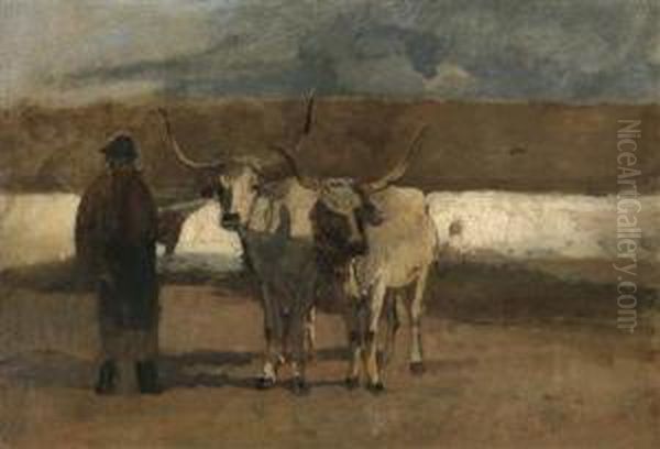 Farmer With Yoke Of Oxen Oil Painting by Emil Jakob Schindler