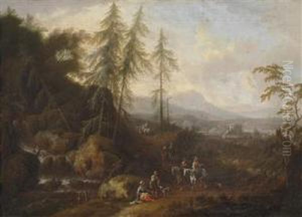 Mountainous Landscape With Travellers Oil Painting by Maximilian Joseph Schinnagl