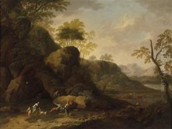 A Mountainous Landscape With Resting Travellers Oil Painting by Maximilian Joseph Schinnagl