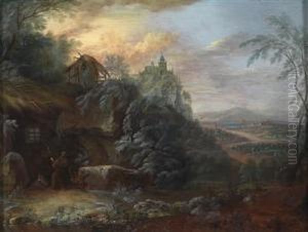 Two Landscapes With The Temptation Of St. Anthony And St. Benedict And St. Scholastica In Conversation Oil Painting by Maximilian Joseph Schinnagl