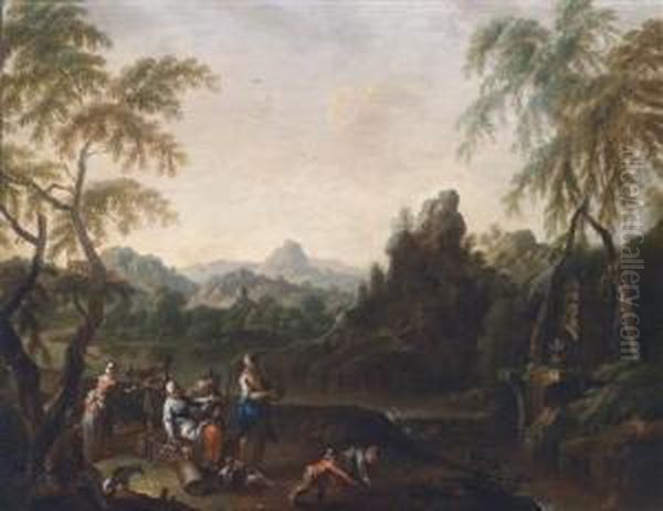 A Pair Of Southern Landscapes With Peasant Groups Oil Painting by Maximilian Joseph Schinnagl