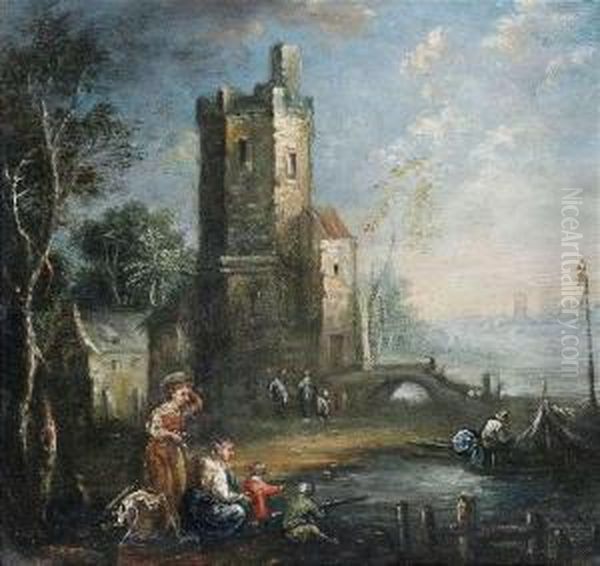 River Landscape With A Round Tower And Staffage Figures. Oil Painting by Maximilian Joseph Schinnagl