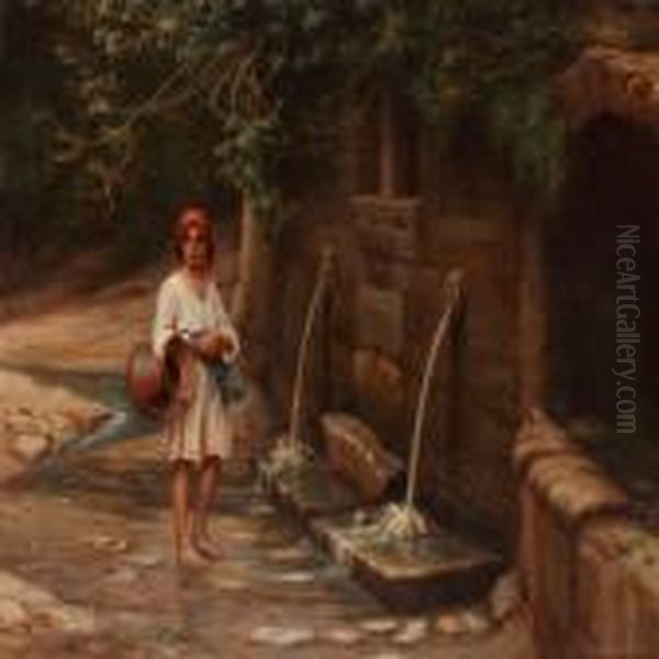 A Italian Woman Collecting Water From A Fountain Oil Painting by N. F. Schiottz-Jensen