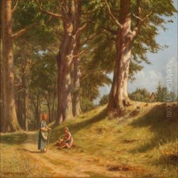 Two Women On A Forest Road Oil Painting by N. F. Schiottz-Jensen