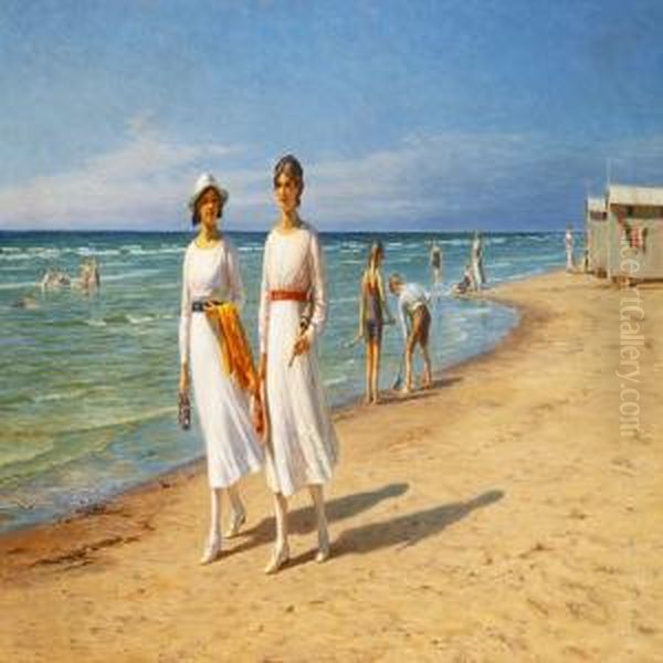 Unge Piger Pa Stranden Oil Painting by N. F. Schiottz-Jensen