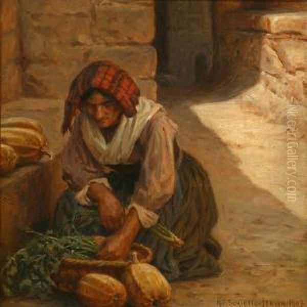 An Italiangreengrocer Oil Painting by N. F. Schiottz-Jensen