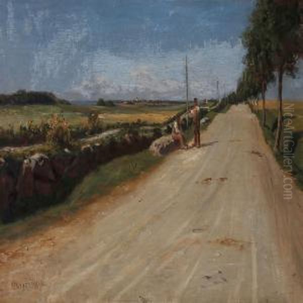 Summer Day On The Country With Two Farmers In A Conversation On A Road Oil Painting by Niels Frederik Schiottz-Jensen