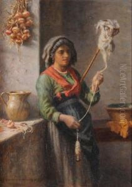 La Filatrice Oil Painting by Niels Frederik Schiottz-Jensen