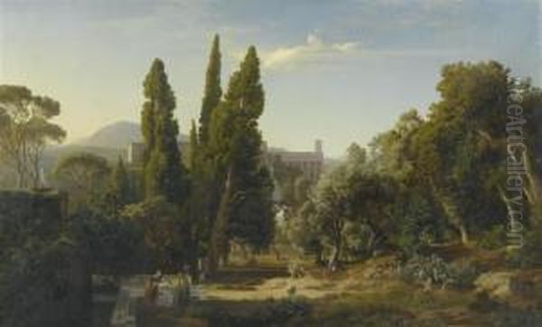 View Over Tivoli With The Cypresses In The Park Of Villa D'este. Oil Painting by Johann Wilhelm Schirmer