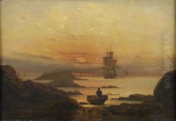 Kustenszene Bei Sonnenuntergang. Oil Painting by Wilhelm August Schirmer