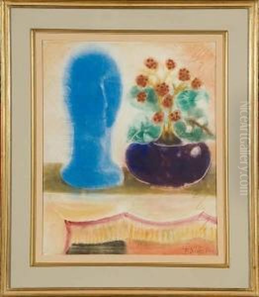 Nature Morte Aux Fleurs Et A La Tete Bleue Oil Painting by Ferdinand Schirren