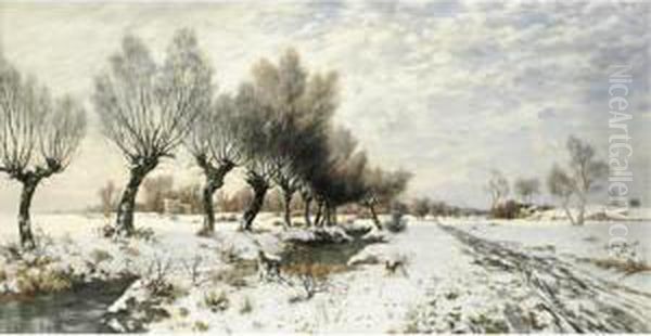 A Rabbit In The Snow Oil Painting by Jacob Oxholm Schiwe Schive