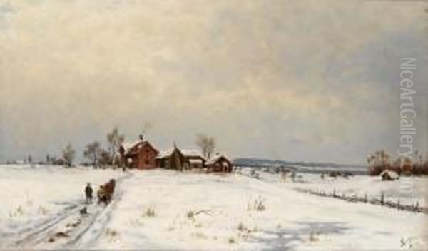 Vinterlandskap Med Gardsbruk Og Folkeliv 1876 Oil Painting by Jacob Oxholm Schiwe Schive