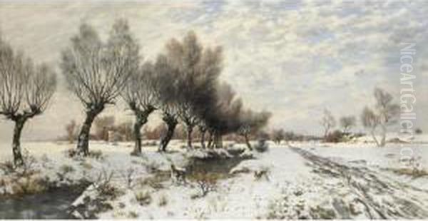 Winter Landscape With Rabbit Oil Painting by Jacob Oxholm Schiwe Schive