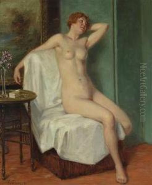 Female Nude Sitting Oil Painting by Viktor Schivert