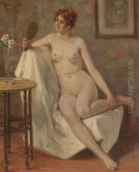 Sitting Female Nude Oil Painting by Viktor Schivert