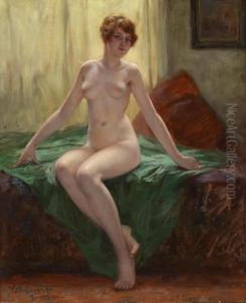 Female Nude Sitting Oil Painting by Viktor Schivert