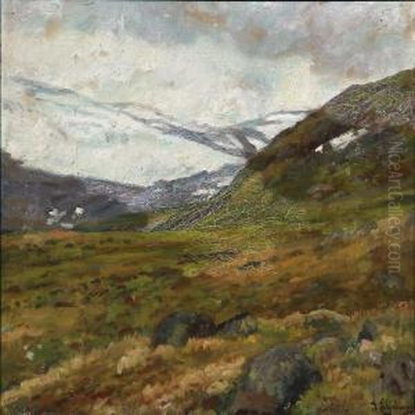 Norwegian Mountain Landscape Oil Painting by Leis Schjelderup