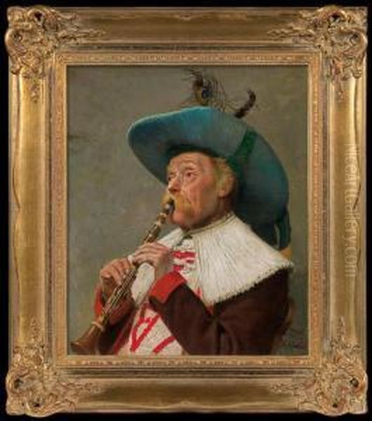 Playing Clarinet Oil Painting by Adolf Gustav Schlabitz