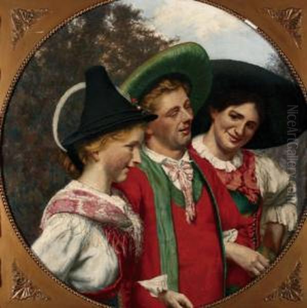 Jongen Met Jonge Twee Vrouwen In Beierse Klederdracht Oil Painting by Adolf Gustav Schlabitz