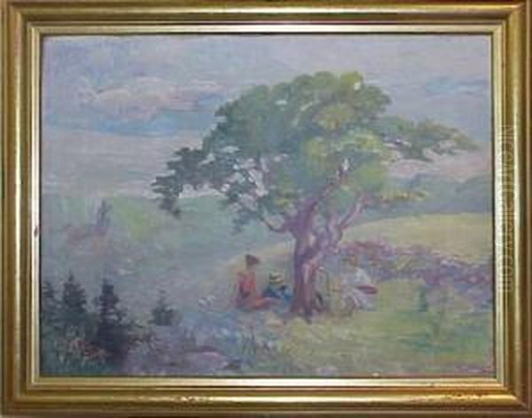 Picnic Scene With Woman At Easel Oil Painting by Herman T. Schladermundt