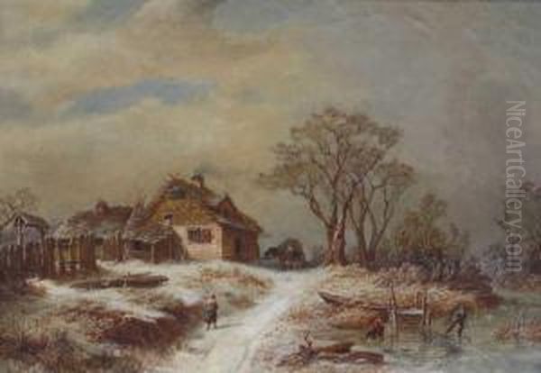 Winterlandschaft Mit Schlittschuhlaufern Und Altem Bauernhaus Oil Painting by Julius Schlegel