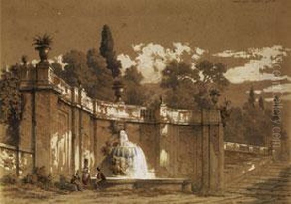 Italienischer Brunnen In Einer Exedra Oil Painting by Julius Schlegel